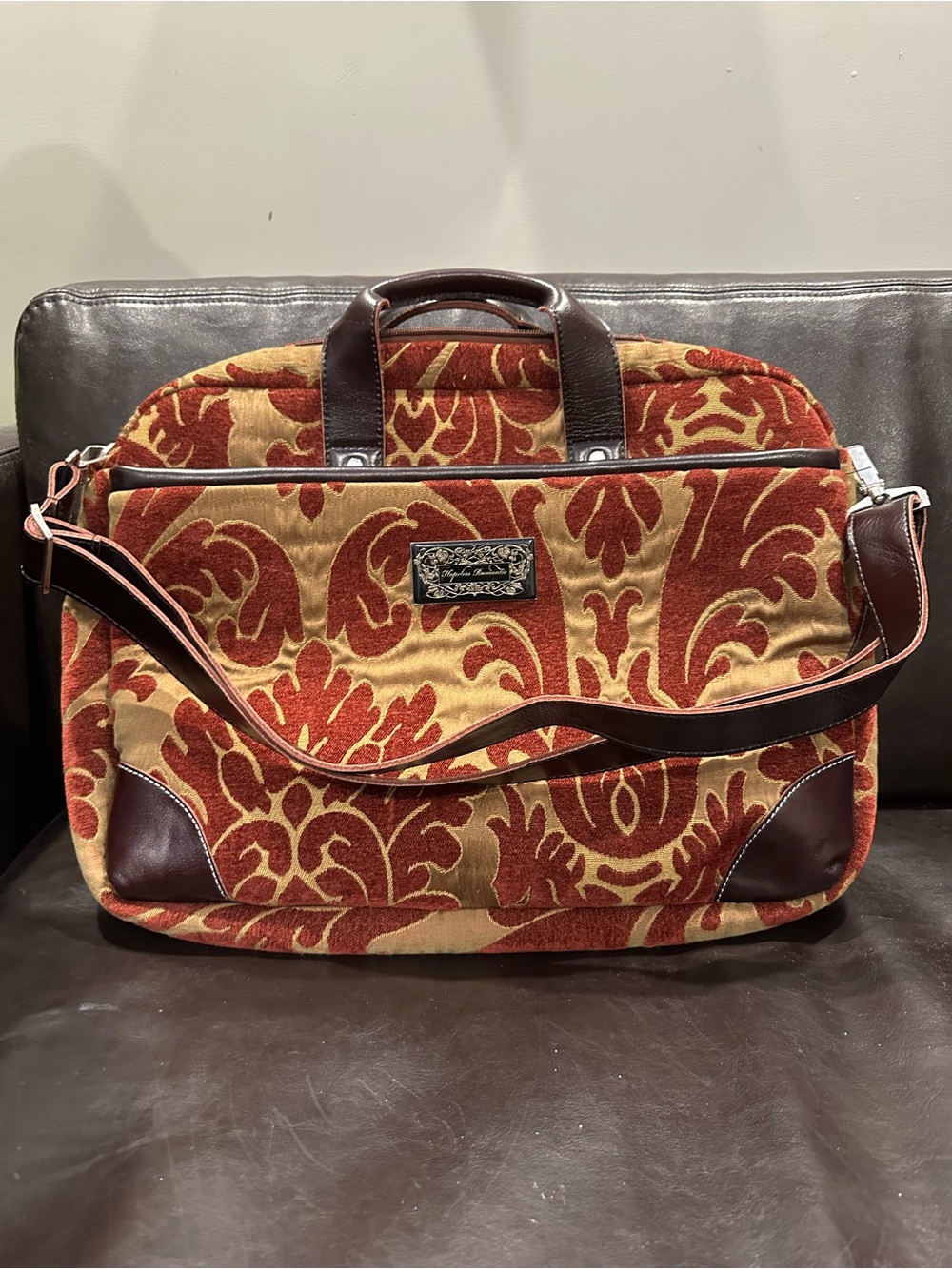 Damask Patterned Laptop Tote with leather handles/strap burgundy and Tan